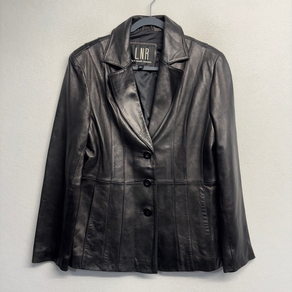 Vintage Jackets & Blazers - VTG 90s Minimalist Retro Black Leather Jacket L 3 Button LNR